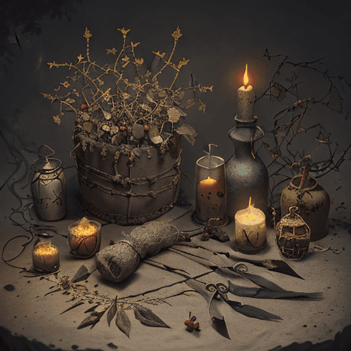 AI generated: Rustic gris-gris bag,  magic symbols on it, dark ochre yellowish in color, tied by thorns, tied with...