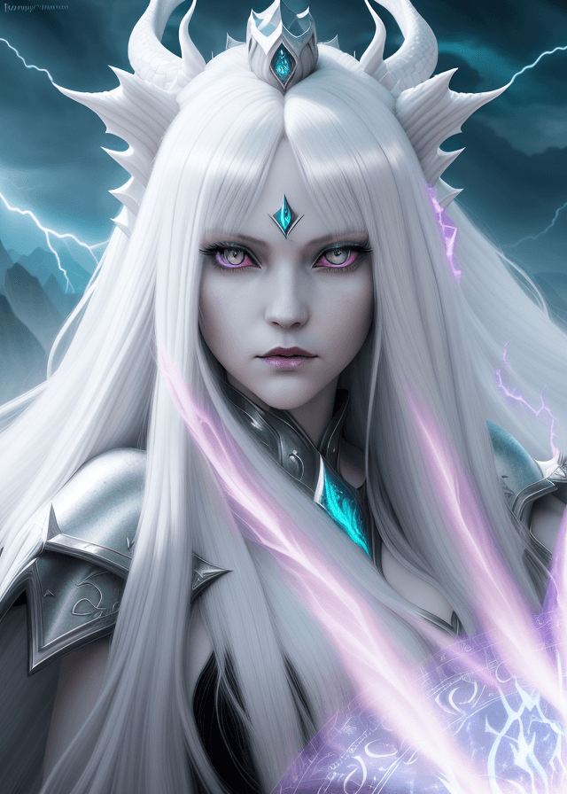 AI generated: platinum white long hair dragon queen woman | fantasy art | hair in the wind with bangs | epic fanta...
