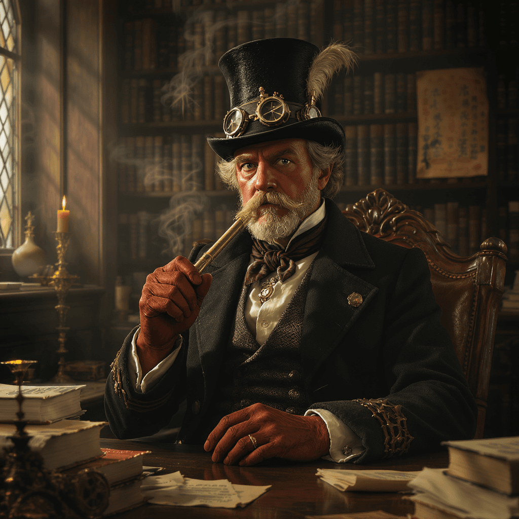AI generated: In 1860, a 30-year-old man is in a library, steampunk style. "No hat" 4k quality