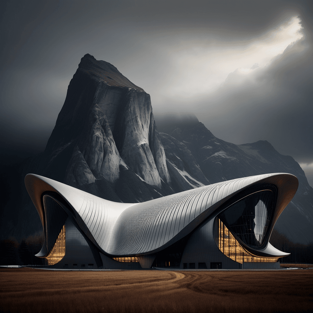AI generated: a building in front of a mountain side, in the style of organic minimalism, dark, foreboding landsca...