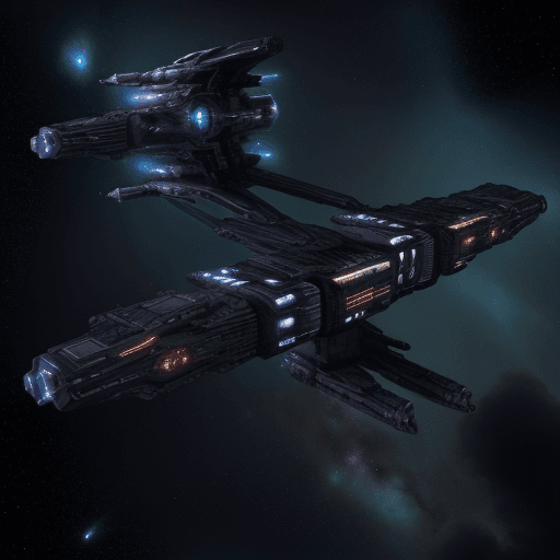 AI generated: a big dark starship, in deep space, future, fantasy, high technology, 8k, 3 big cannons in front,  