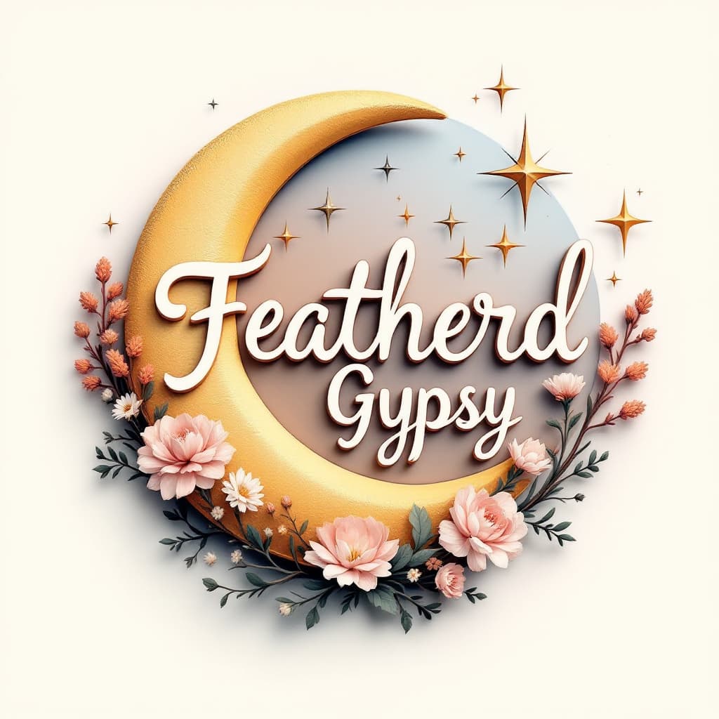 AI generated: A 3d illustration of the Feathered Gypsy logo. The logo has a boho moon, stars and flowers. No backg...