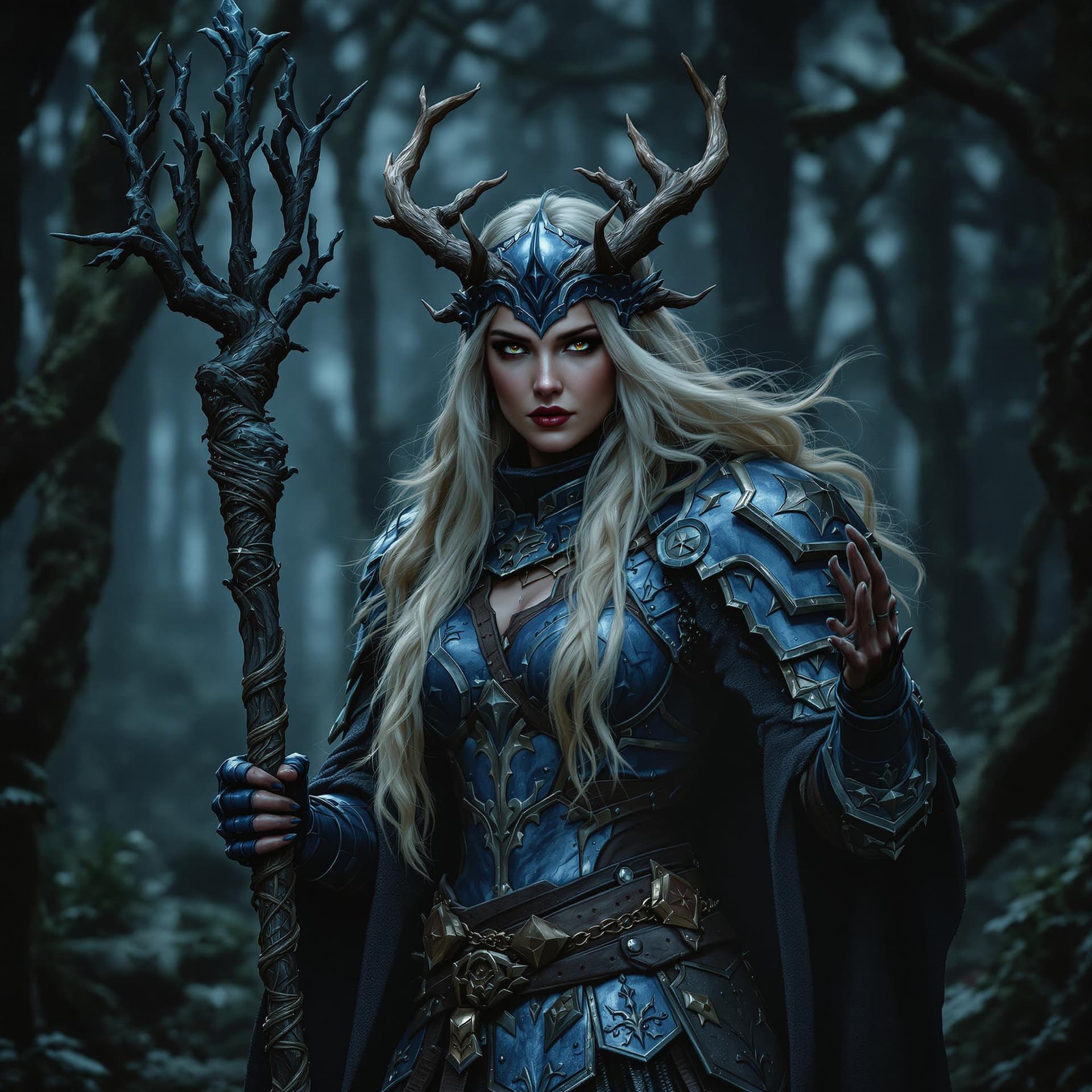AI generated: A Nordic female witch, dressed in a medieval warrior costume, blue metal armor, in the middle of the...