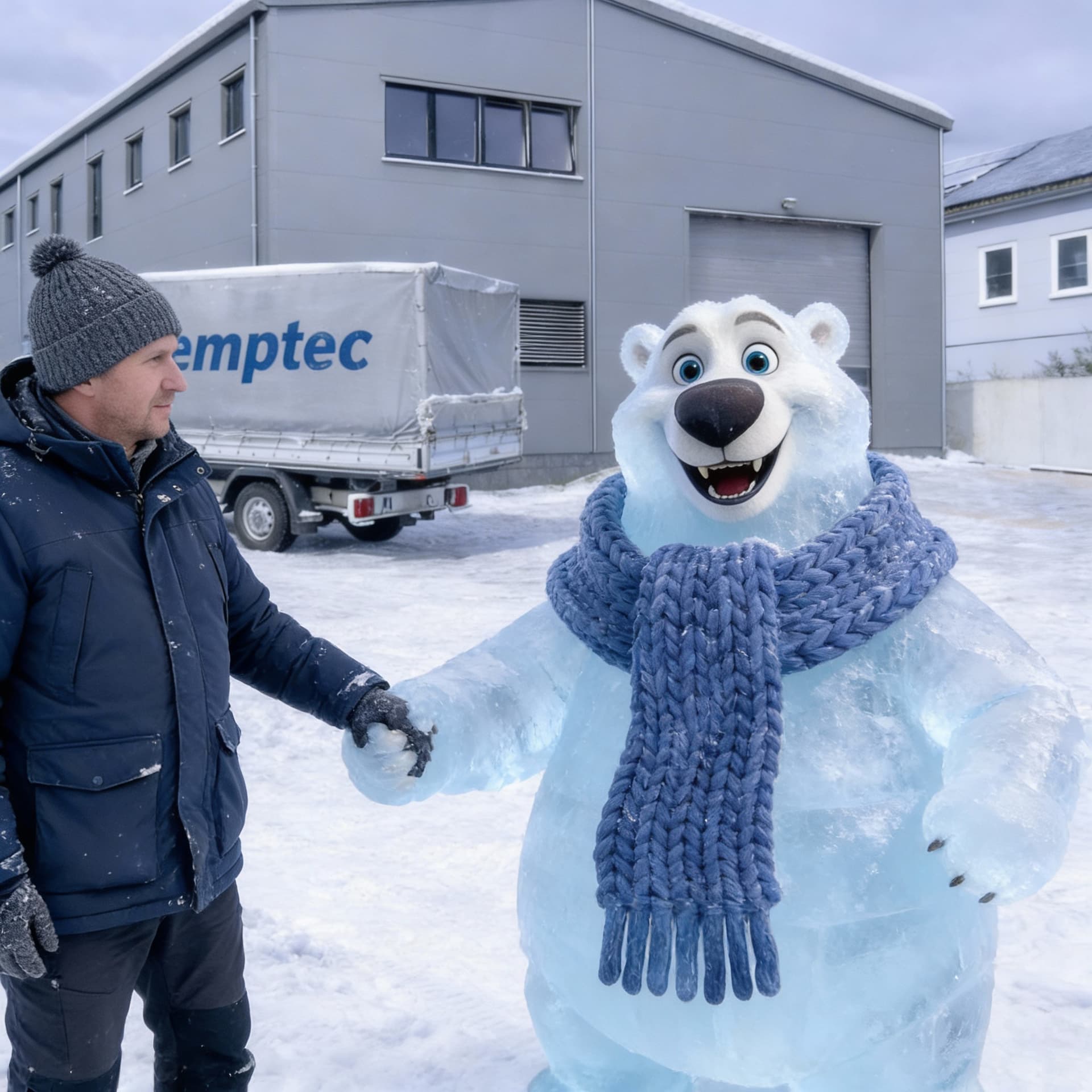AI generated: I will stand on the left side of the ice bear. Please clothes from Winter. I hold his Hand 
