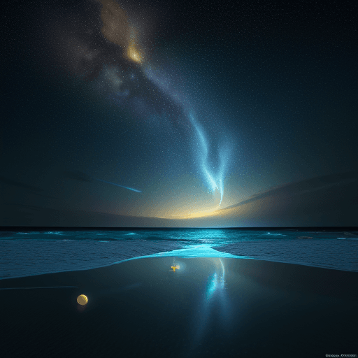 AI generated: At night sky, the beach is covered with blue and yellow fluorescence the moon, elf light, stars, fac...