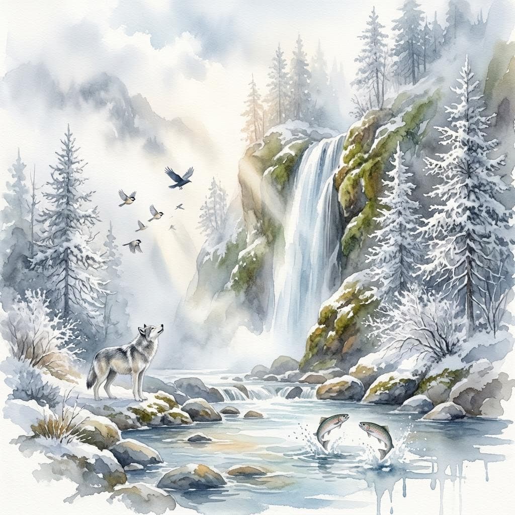 AI generated: Airbrushed watercolor painting, serene winter landscape, majestic waterfall, delicate lace-like pine...