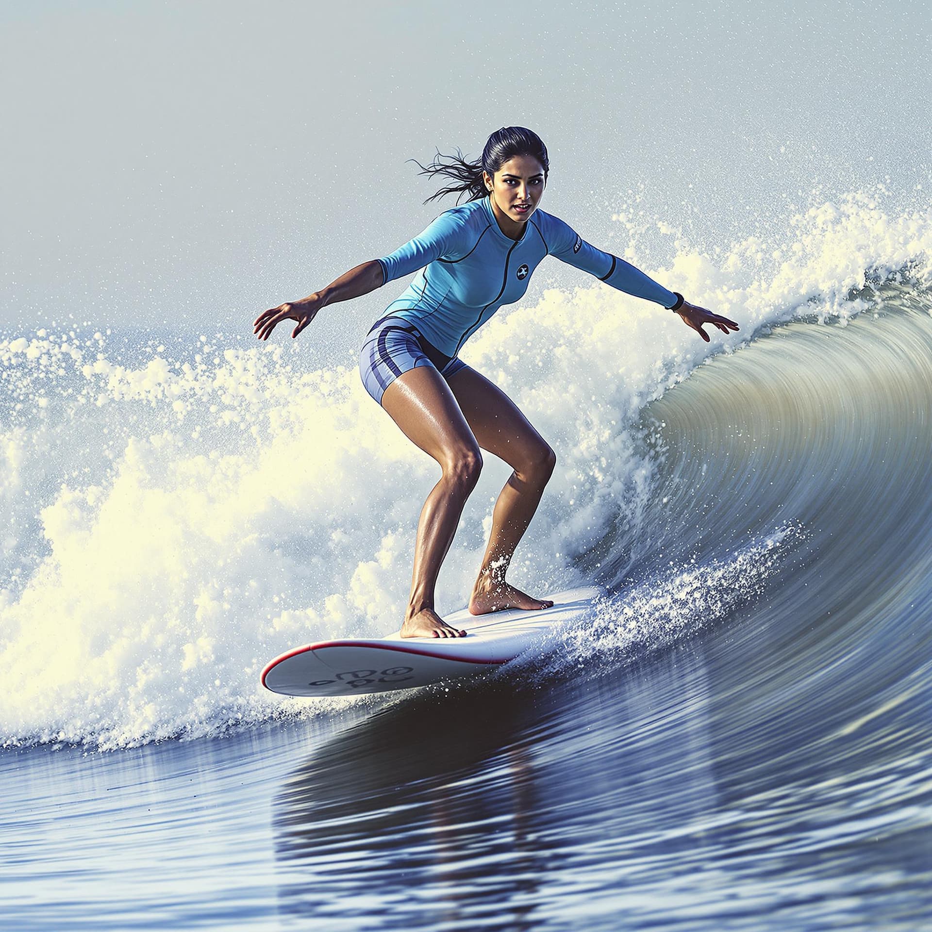 AI generated: The image features a Indian woman riding a wave on a surfboard. She is skillfully navigating the wav...