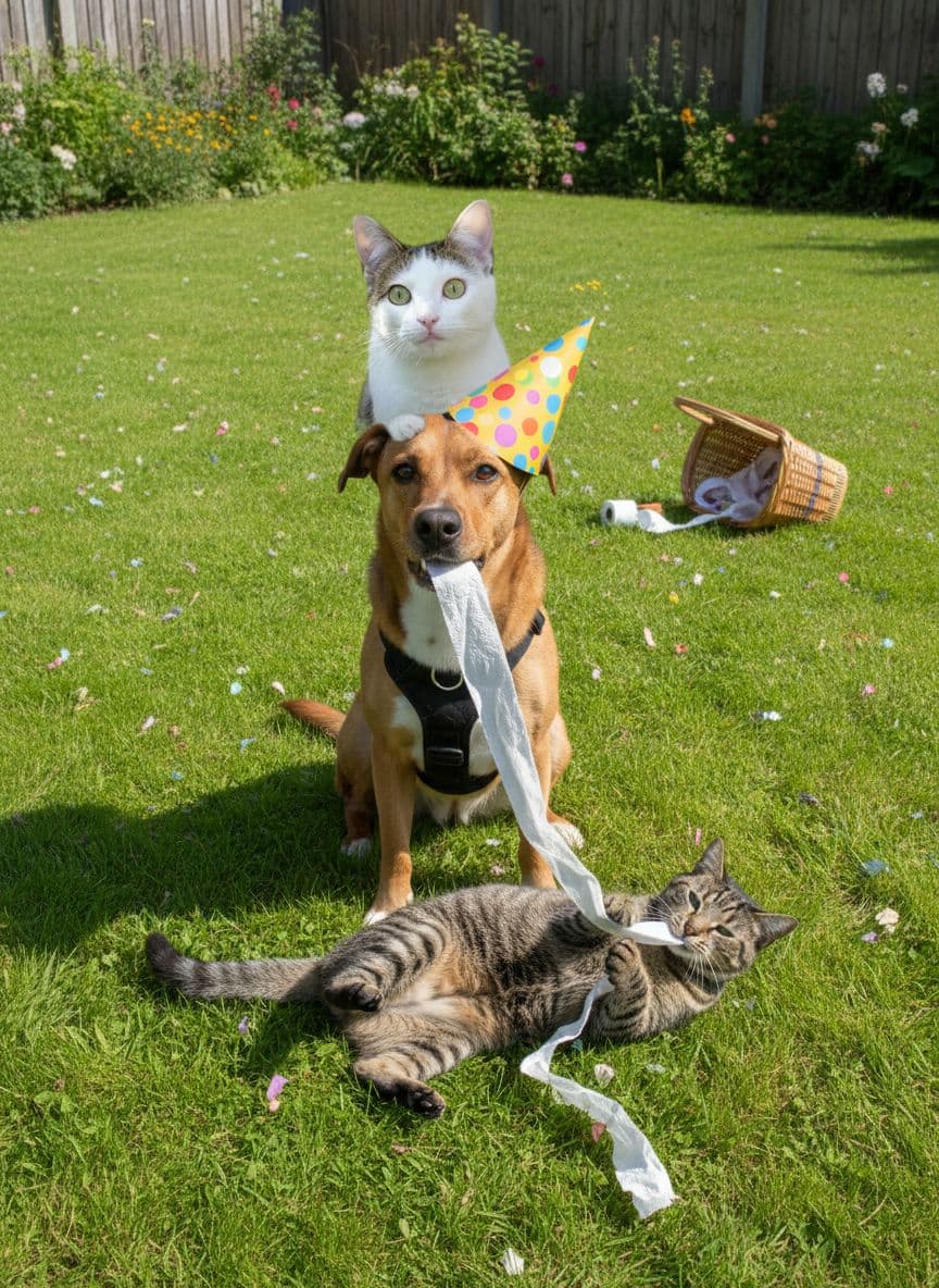 AI generated: These are my three animals. I want a photo of the three of them together in a funny situation.