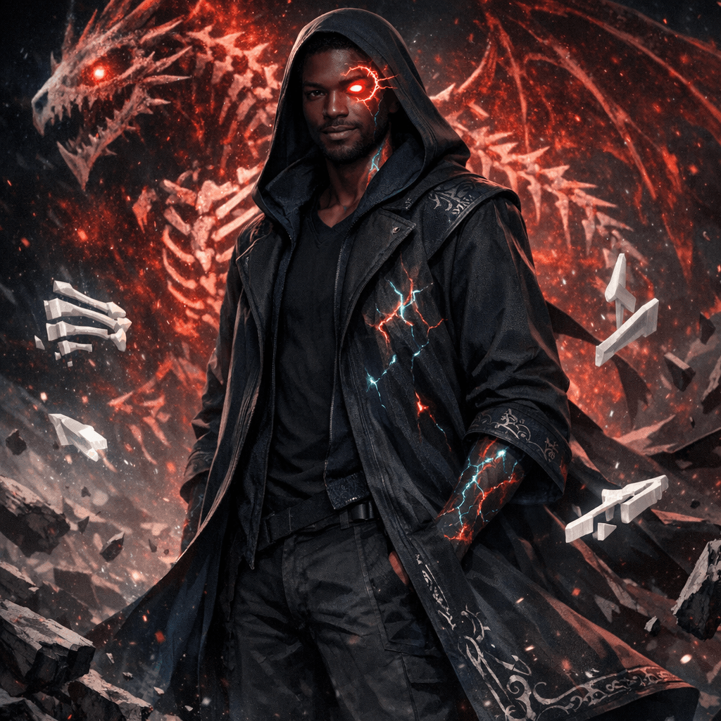 AI generated: An African American male, average height and build, standing calmly amid a fractured cosmic battlefi...