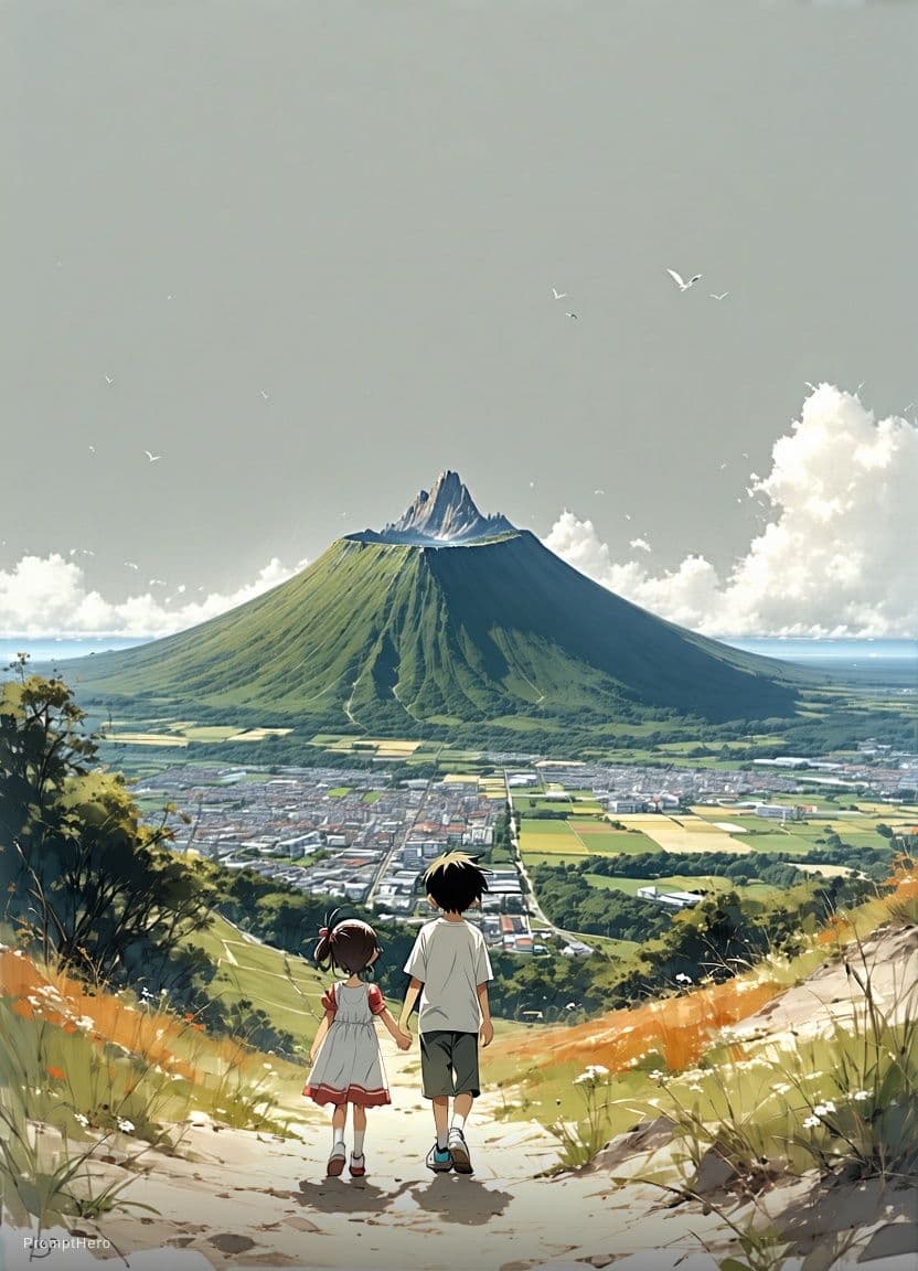 AI generated: a highly detailed matte painting of a young boy and girl at the bottom of a huge hill by studio ghib...