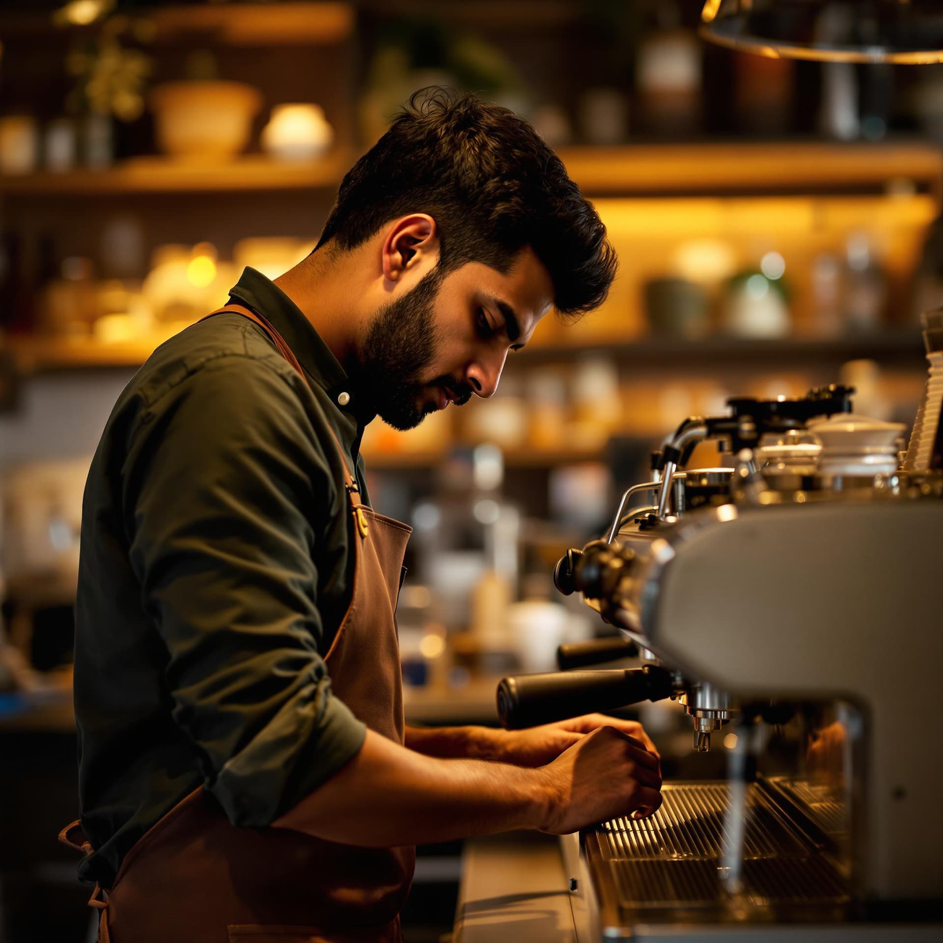 AI generated: This image captures a concentrated man operating a professional espresso machine, indicative of a ba...