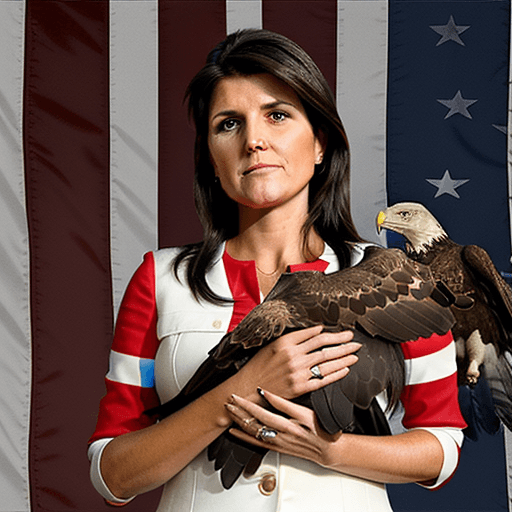 AI generated: nikki haley petting a large eagle with a red right wing, a blue left wing, vertical red and white st...