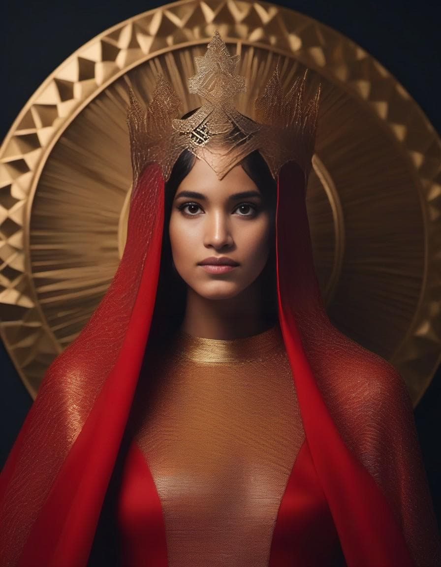 AI generated: lady in red veils her face and has a large golden spiked crown, in the style of celestial fasion, ot...