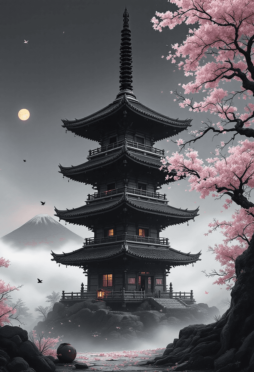 AI generated: A full traditional Japanese pagoda tower, off-center right, fully visible from base to spire, uncrop...