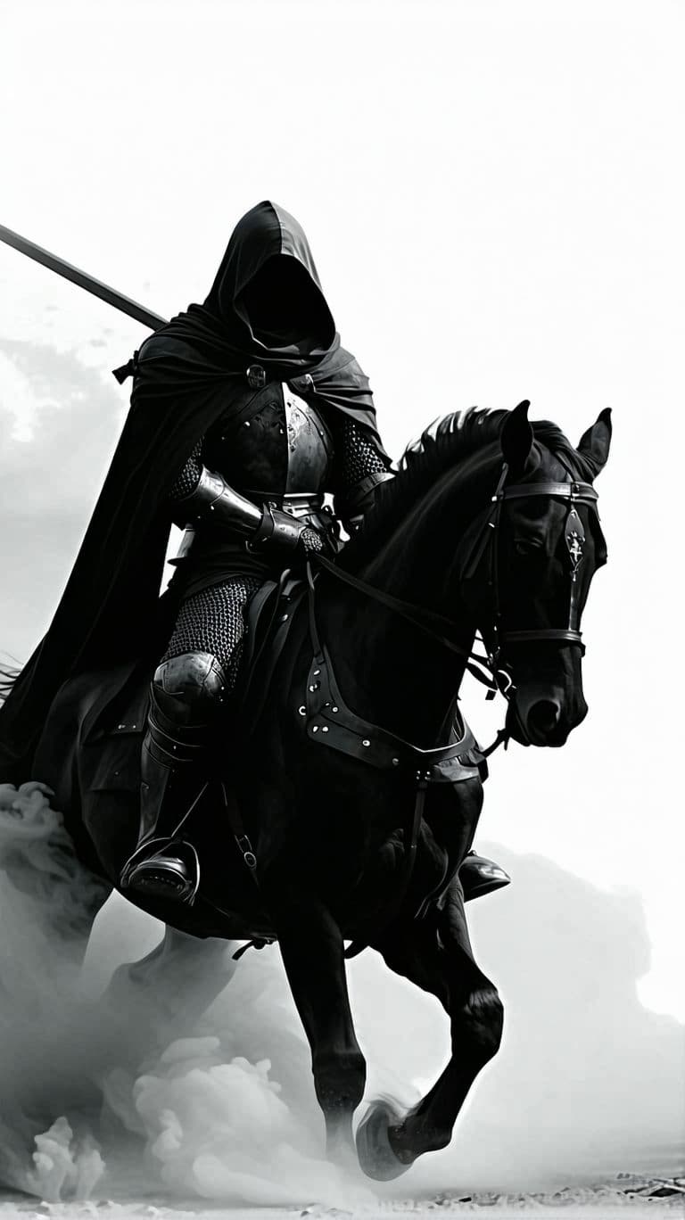 AI generated: Black and white art of a hooded knight riding his horse in full gallop, smoke around him, detailed, ...
