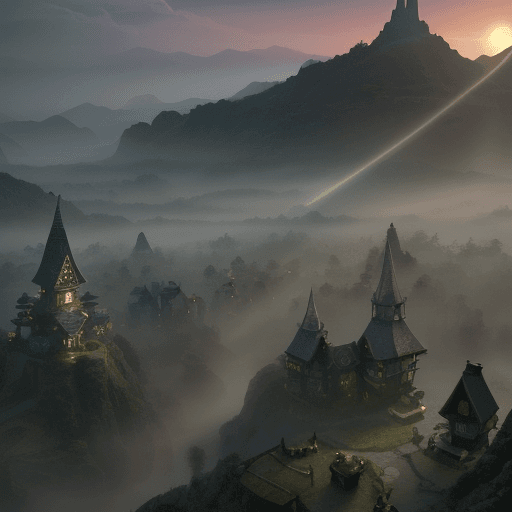 AI generated: bright organic shaped elf village, dramatic light, pale sunrise, cinematic lighting, battered, low a...