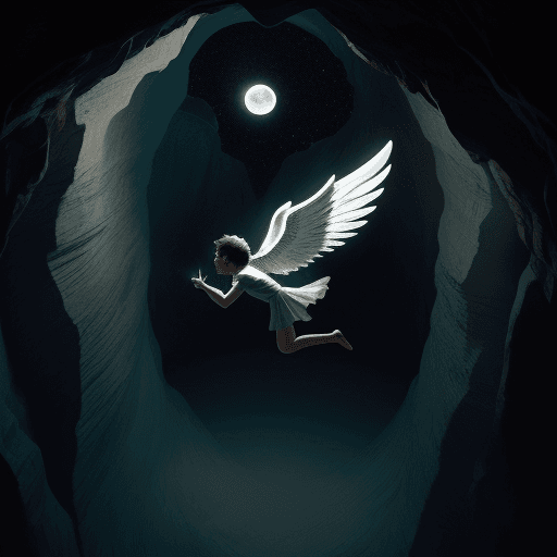 AI generated: An angel flying with his wings in the cave  with a little moon light