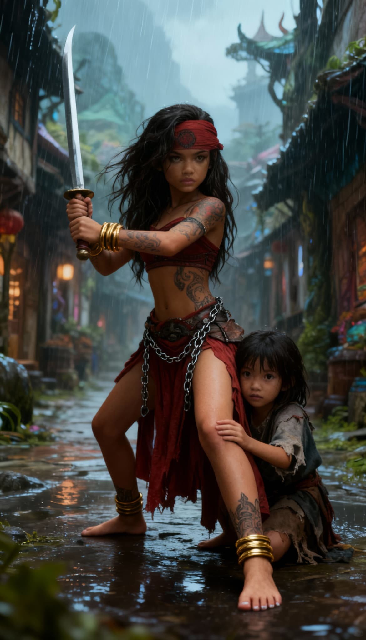 AI generated: freepik_@img2, barefoot, serious expression in guard position with sword held in two hands an 11 yea...