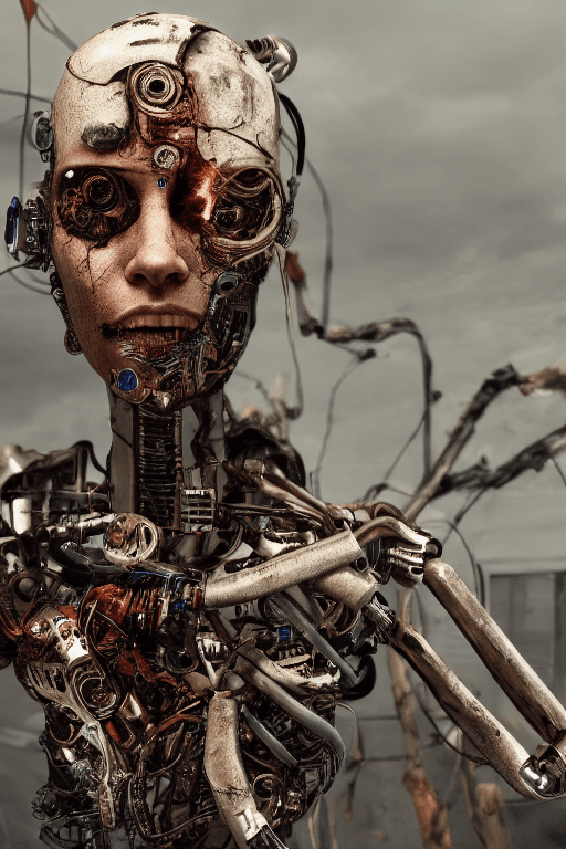 AI generated: broken old cyborg female thrown in the garbage, destroyed, rust, mechanical, wires, photography, det...