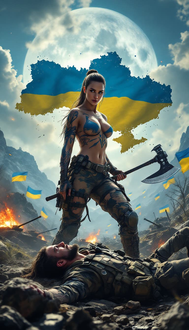 AI generated: An all over the body Tatooed with Ukrainian trident motif heavily armed with rifles and a futuristic...