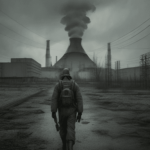 AI generated: Chernobyl nuclear power plant, gloomy atmosphere, one stalker, machine gun, gas mask, mutants around...