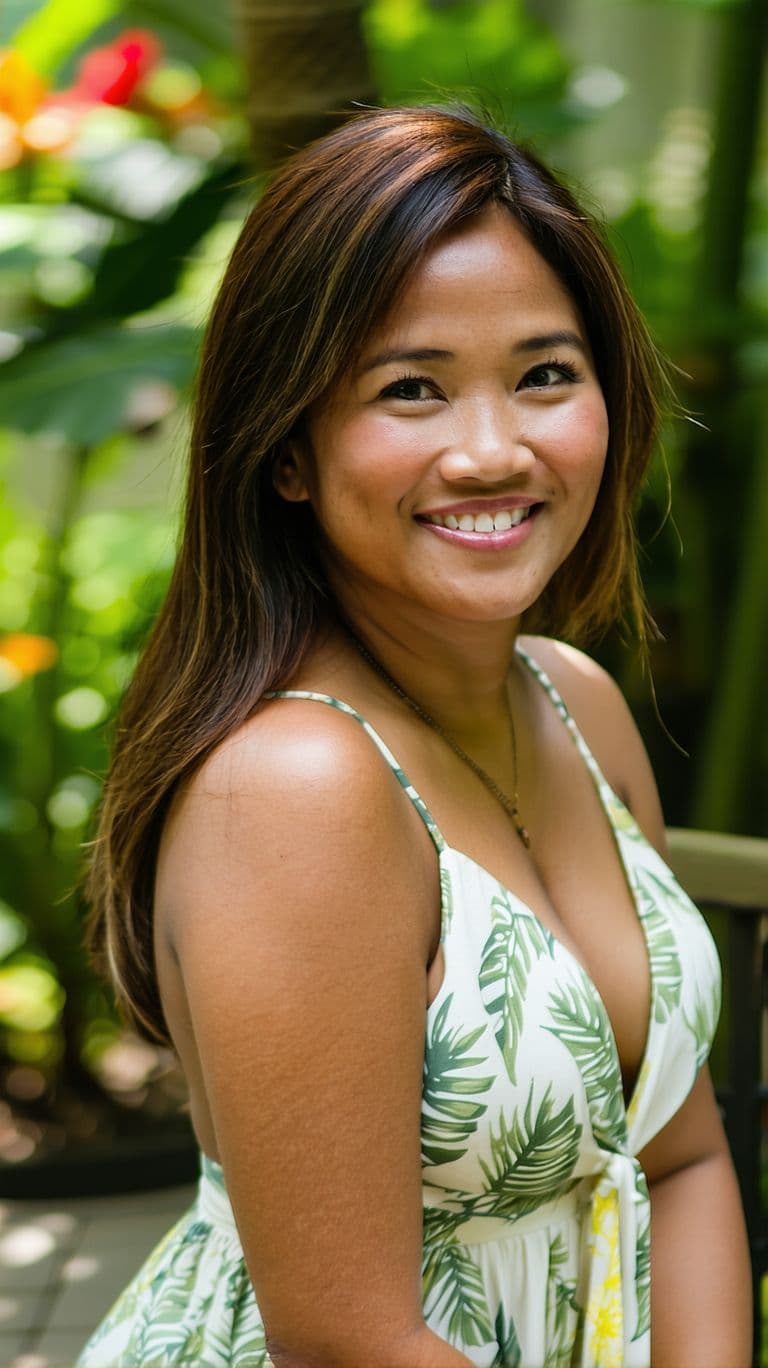AI generated: A head to knee photo of a Filipino woman, mid 30s, with brown hair, wearing a low-cut summer dress,,...