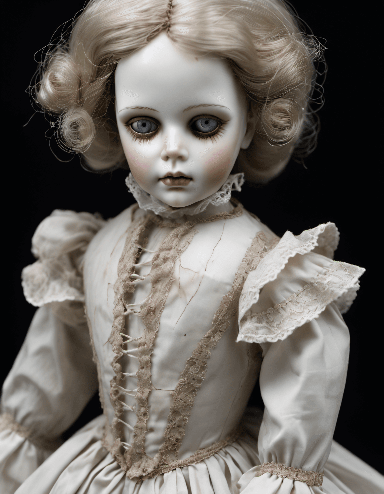 AI generated: Creepy Victorian porcelain doll , a babydoll, Pale face, cracked, intricately detailed dress, glassy...