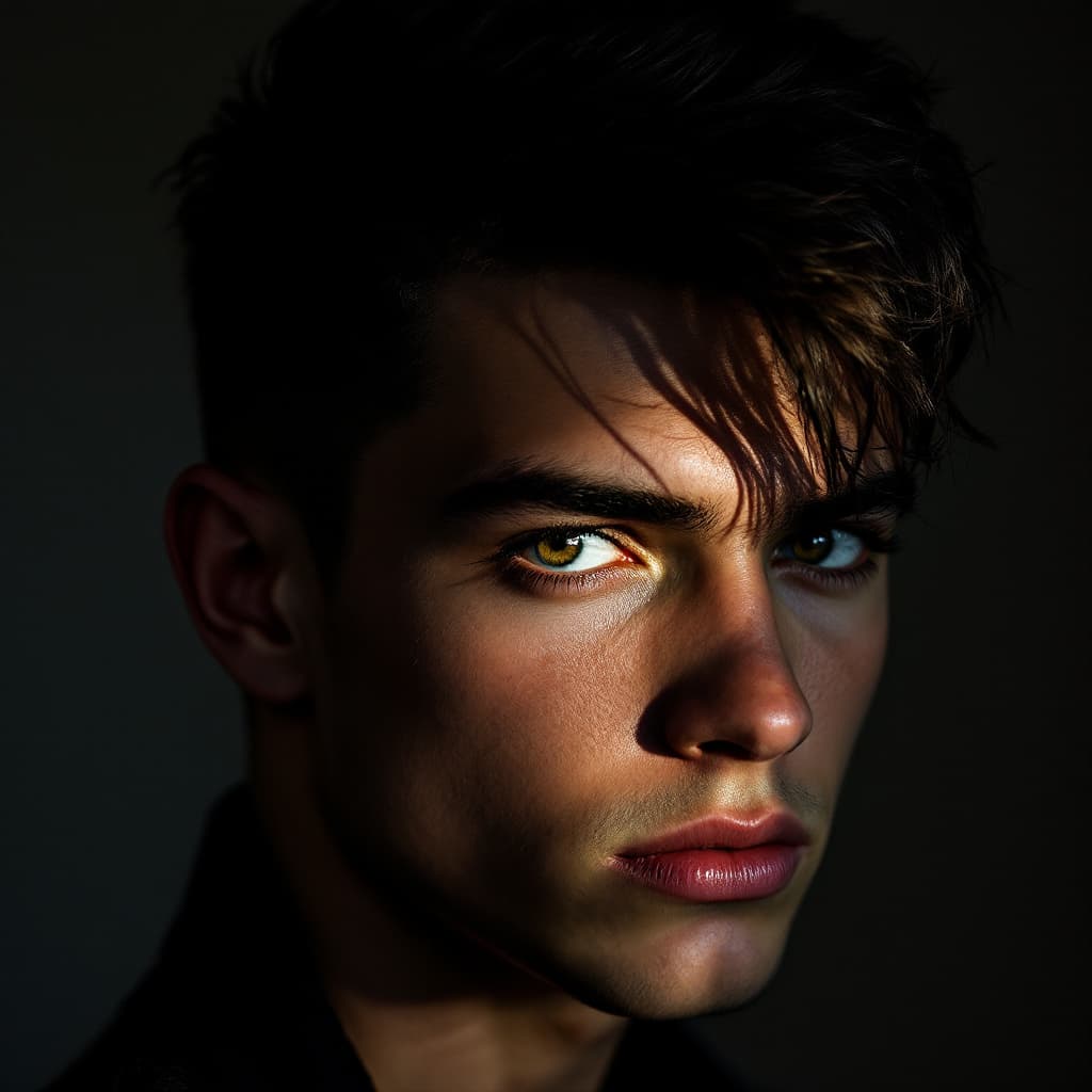 AI generated: A dramatic portrait of a young man with a stylish haircut and piercing eyes. The photo is shot in a ...