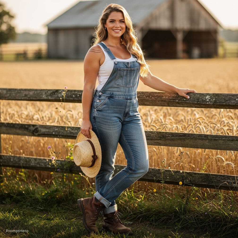 AI generated: Busty Farmer Girl, tanlines, blond hair, Blue eyes, massive tits, Big ass