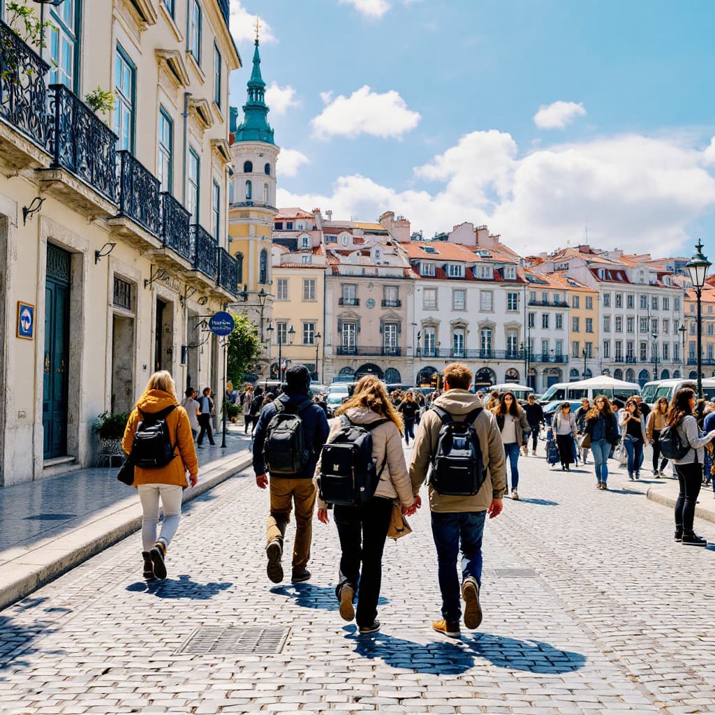 AI generated: An enthralling photograph of a team on a walking tour through Lisbon city fujifilm reallife cinemati...