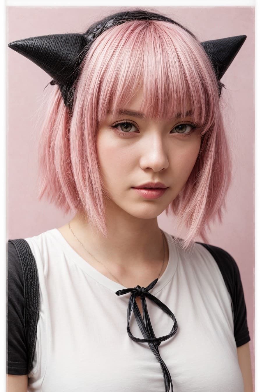 AI generated: characters from anime, goth girl, short pastel pink hair with bangs, studio ghibli, akihiko yoshida,...