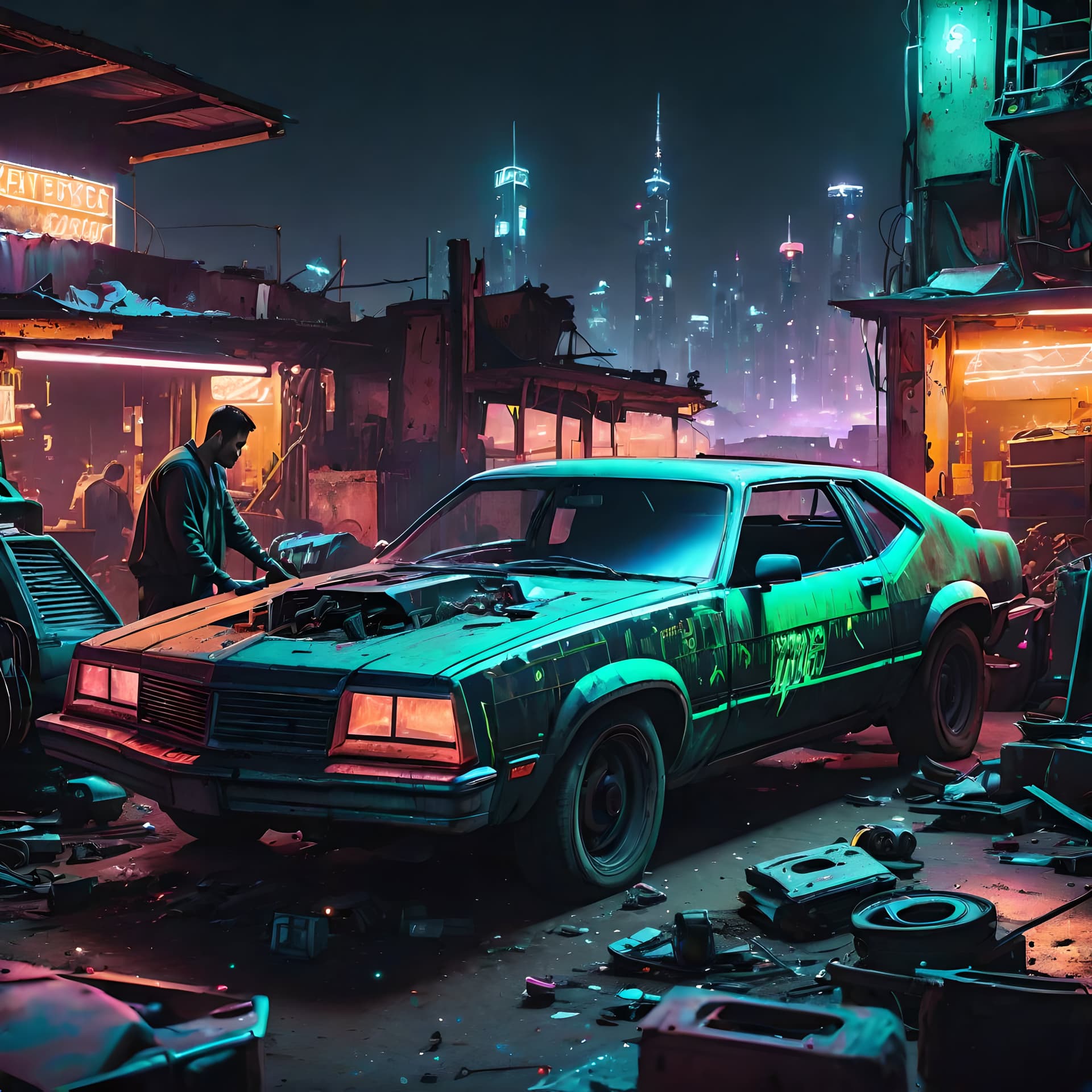 AI generated: neon glow of a city in the background as a man works on a junkyard car, cyberpunk, night photo, prof...