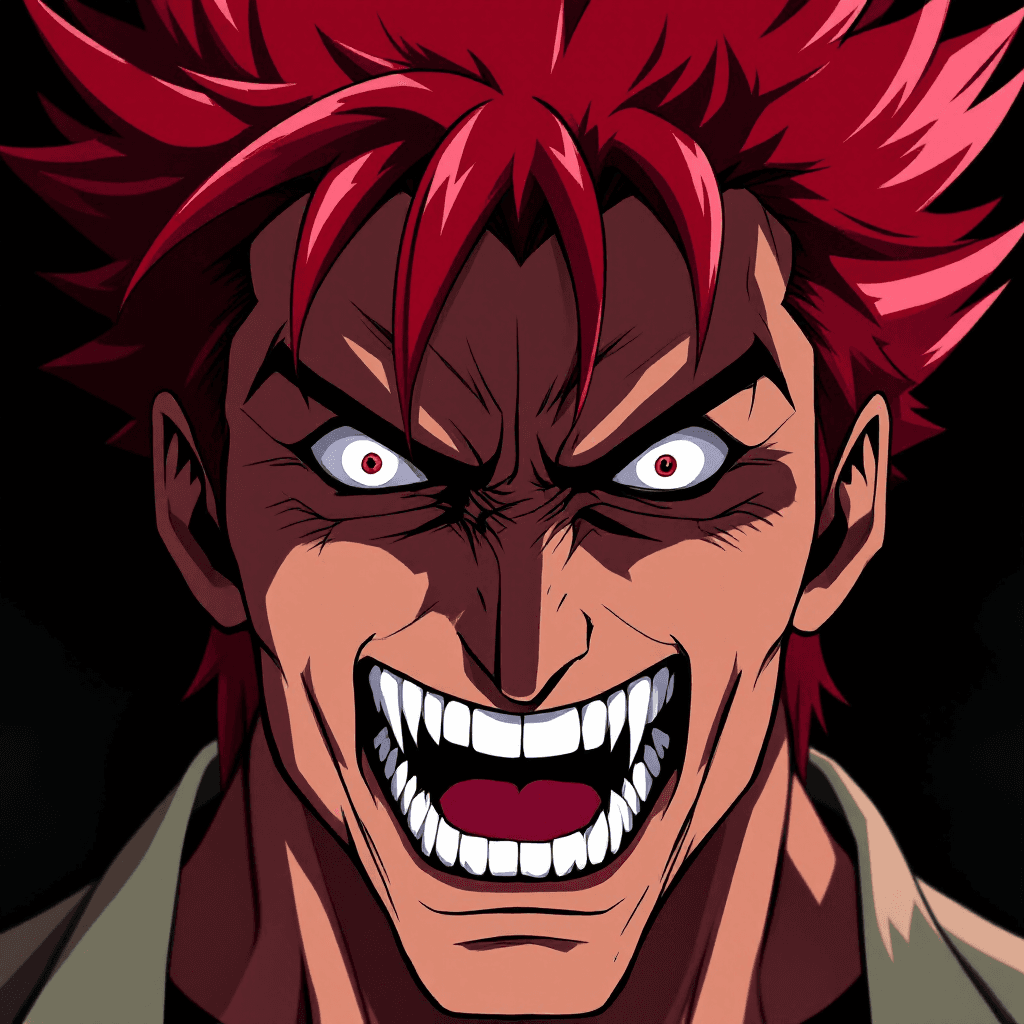AI generated: A man with spiky red hair, a wide, maniacal grin revealing sharp teeth, intense eyes, and a slightly...