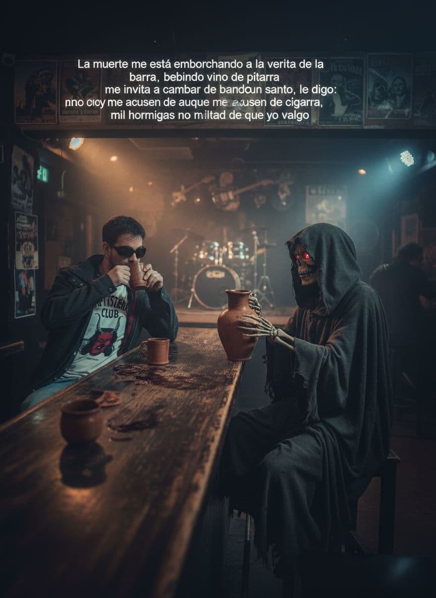 AI generated: Quiero que me des la imagen del tipo de referencia bebiendo con la muerte en un bar de rock and roll...
