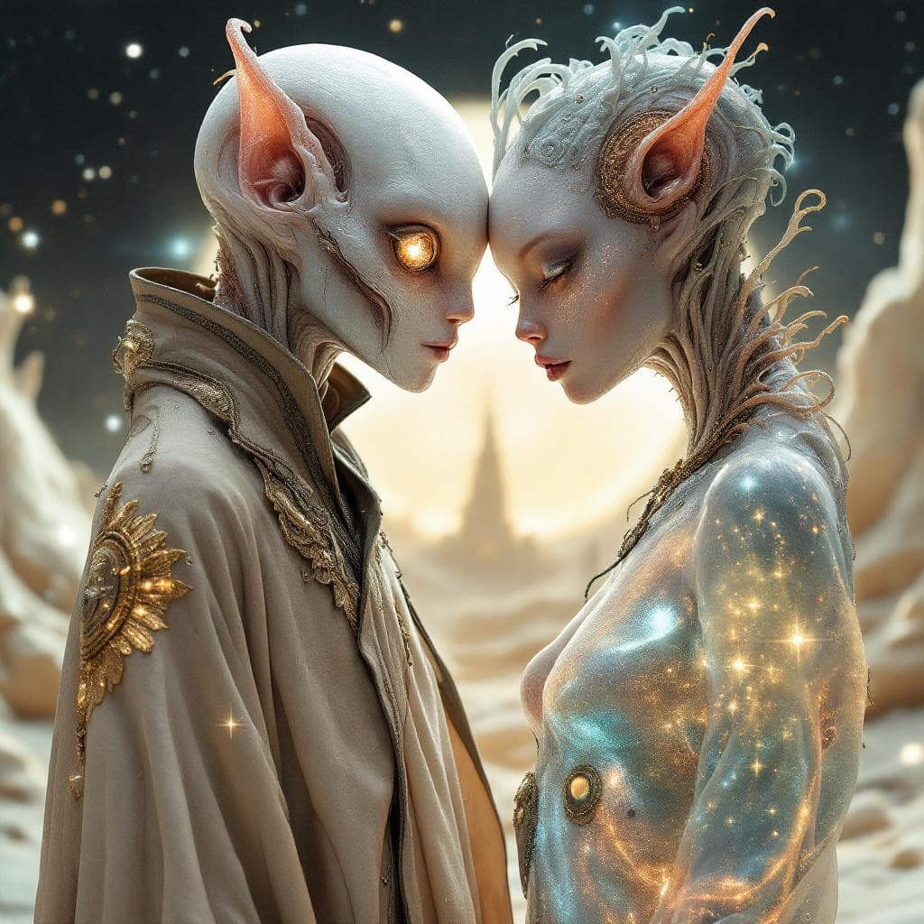 AI generated: Create a unique, flesh, organic, species, Male and Female. Otherworldly human figures with iridescen...