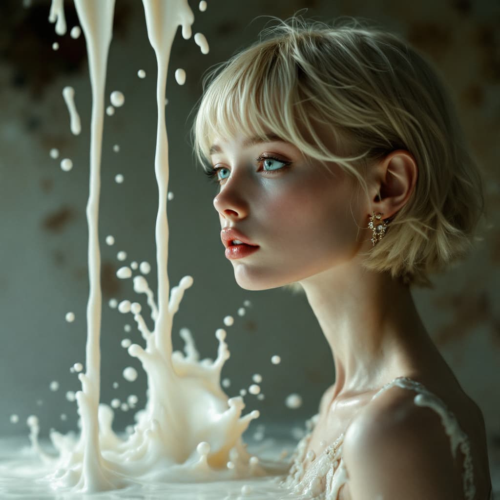 AI generated: skinny girl, teenager, narrow cheekbones, profile, photo, milk drop dress, splashing milk, blonde, s...