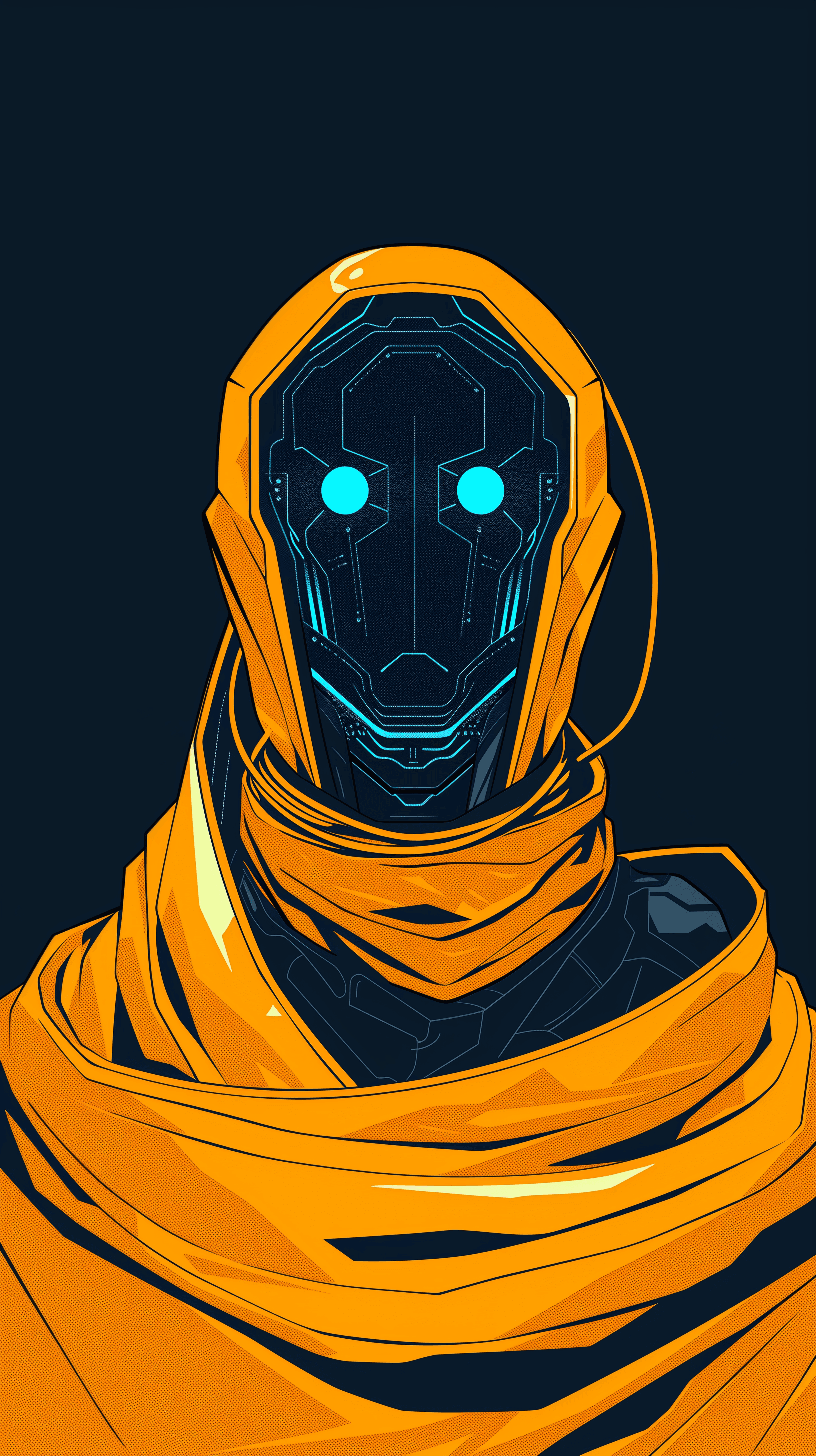 AI generated: digital portrait of a high-technology robot in yellow cape, gaze, front view, drawn in bold shades o...