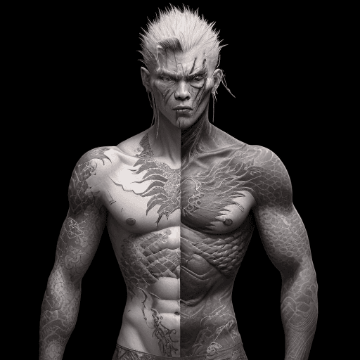 AI generated: a man with (scars all over his body:1.2), ((knife scars)), {{gunshot wounds}}, torture brandings, 2n...