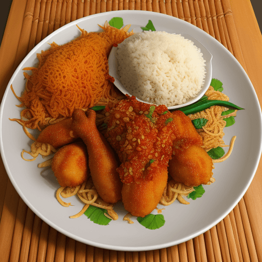 AI generated: gambar ayam goreng kalasan lengkap dengan sambal dan lalapan timun kol slada kemangi tomat 