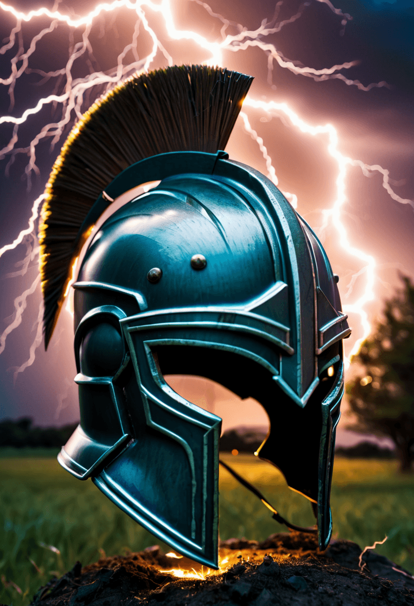 AI generated: cartoon art stylized by Mike Judge, landscape of a (close up of spartan helmet stuck by lightning,fa...