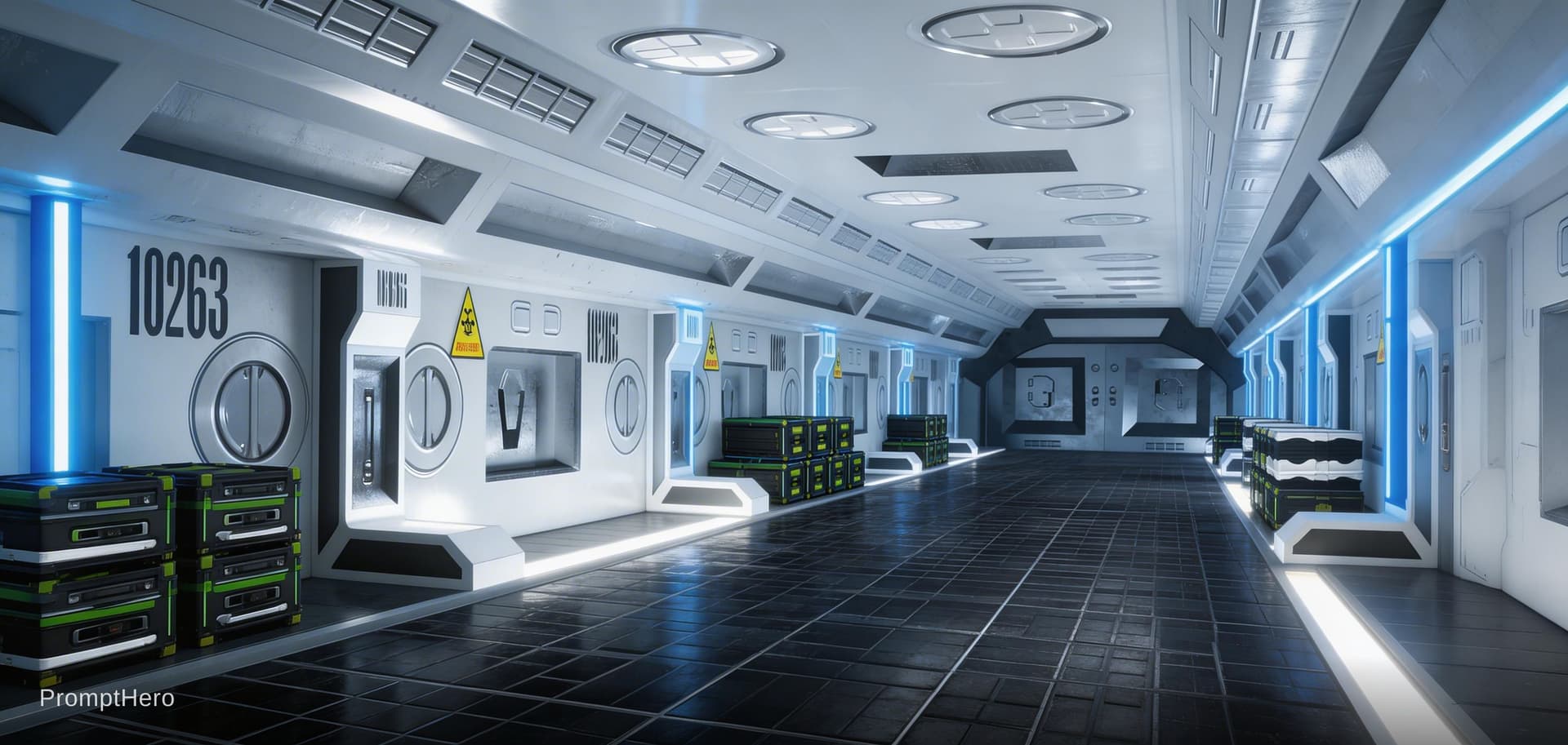 AI generated: Sci-Fi scene. Combine elements of these three reference images. Wall shape and composition, floor li...