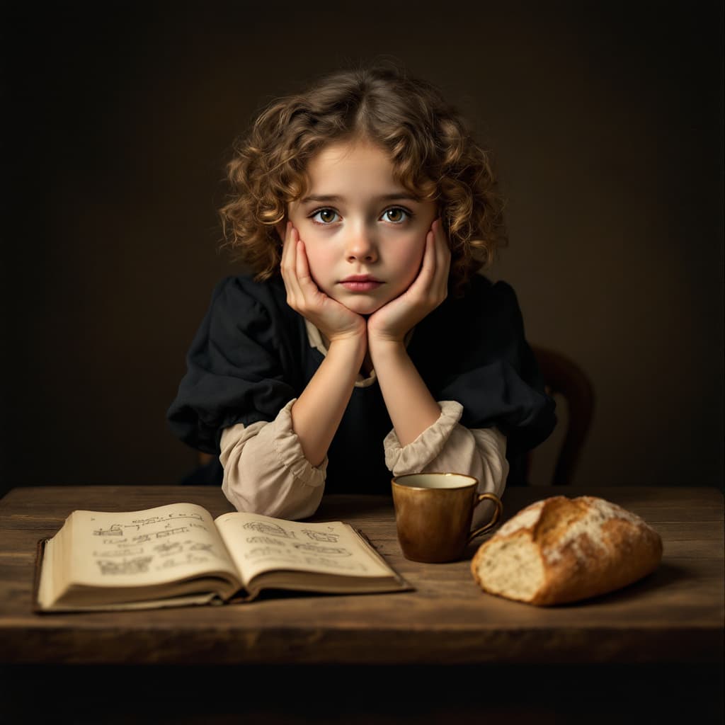 AI generated: Young girl, likely 6-8 years old, European features, sits solemnly at a wooden table.  Soft, warm se...