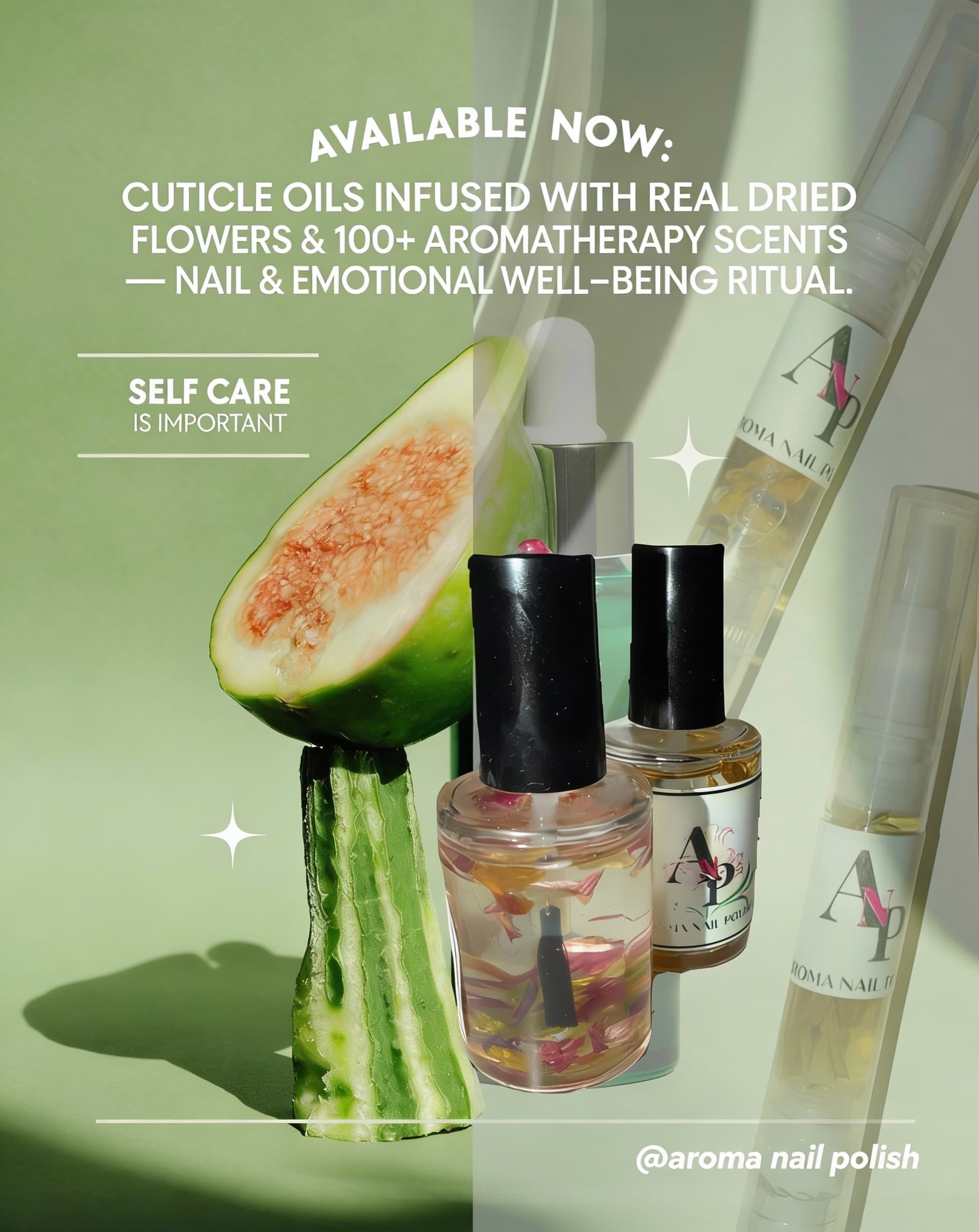 AI generated: 

Aroma Nail Polish cuticle oils are infused with real dried flowers and 100+ aromatherapy scents tu...