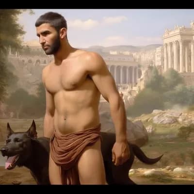 AI generated video: The ancient Roman man walks along the riverbank with his large black dog trotting beside him, the do...