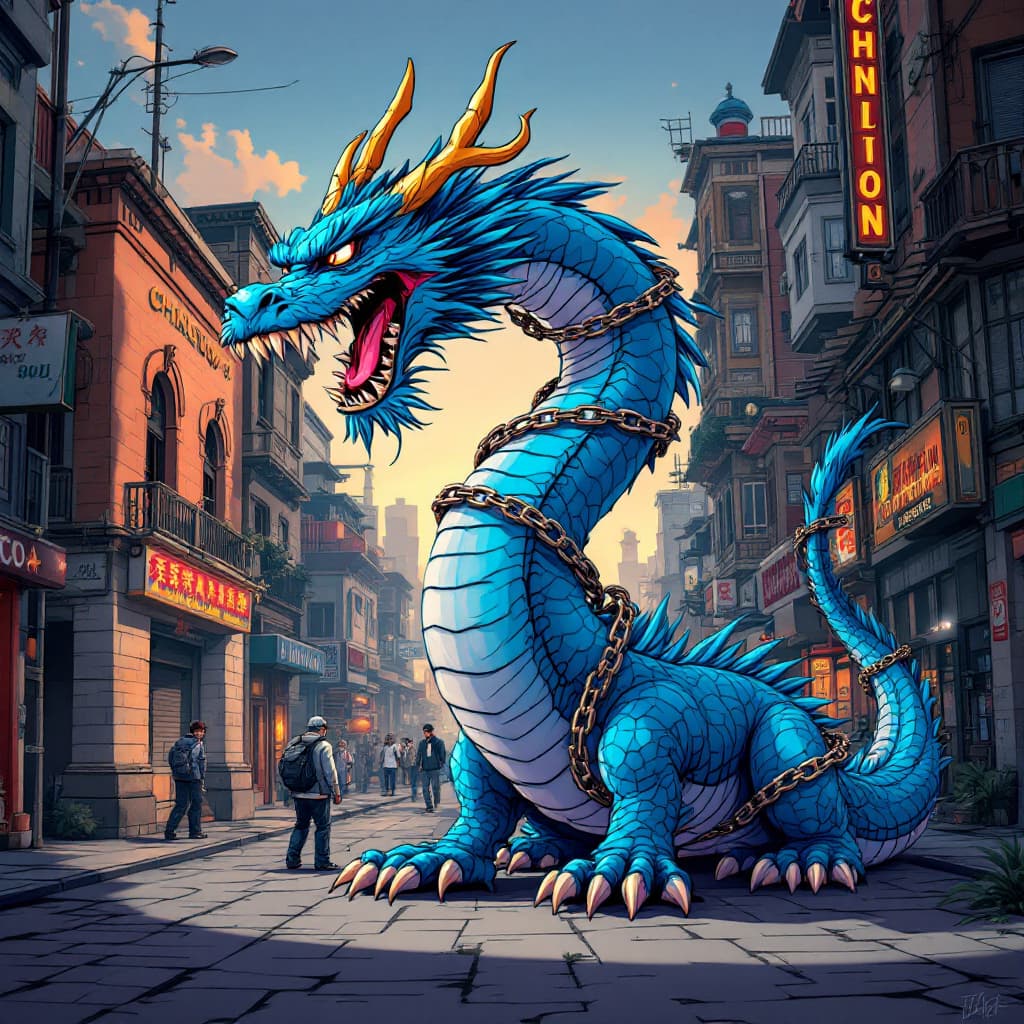AI generated: Cartoon illustration of a blue dragon with chains around it, gta chinatown art style, gta art style,...