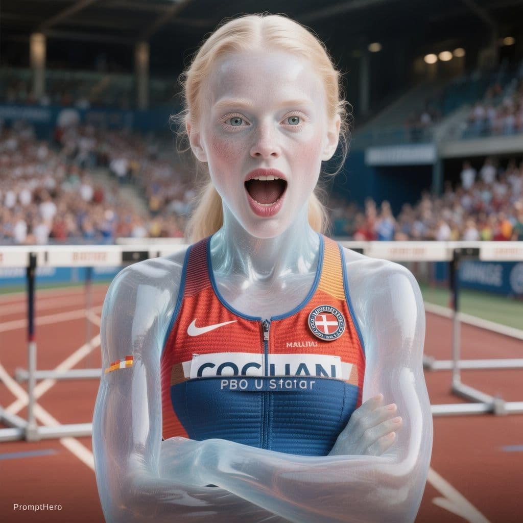 AI generated: A stunningly beautiful woman clad in Tight Uniform track and field Olympic Sports, background a 400m...