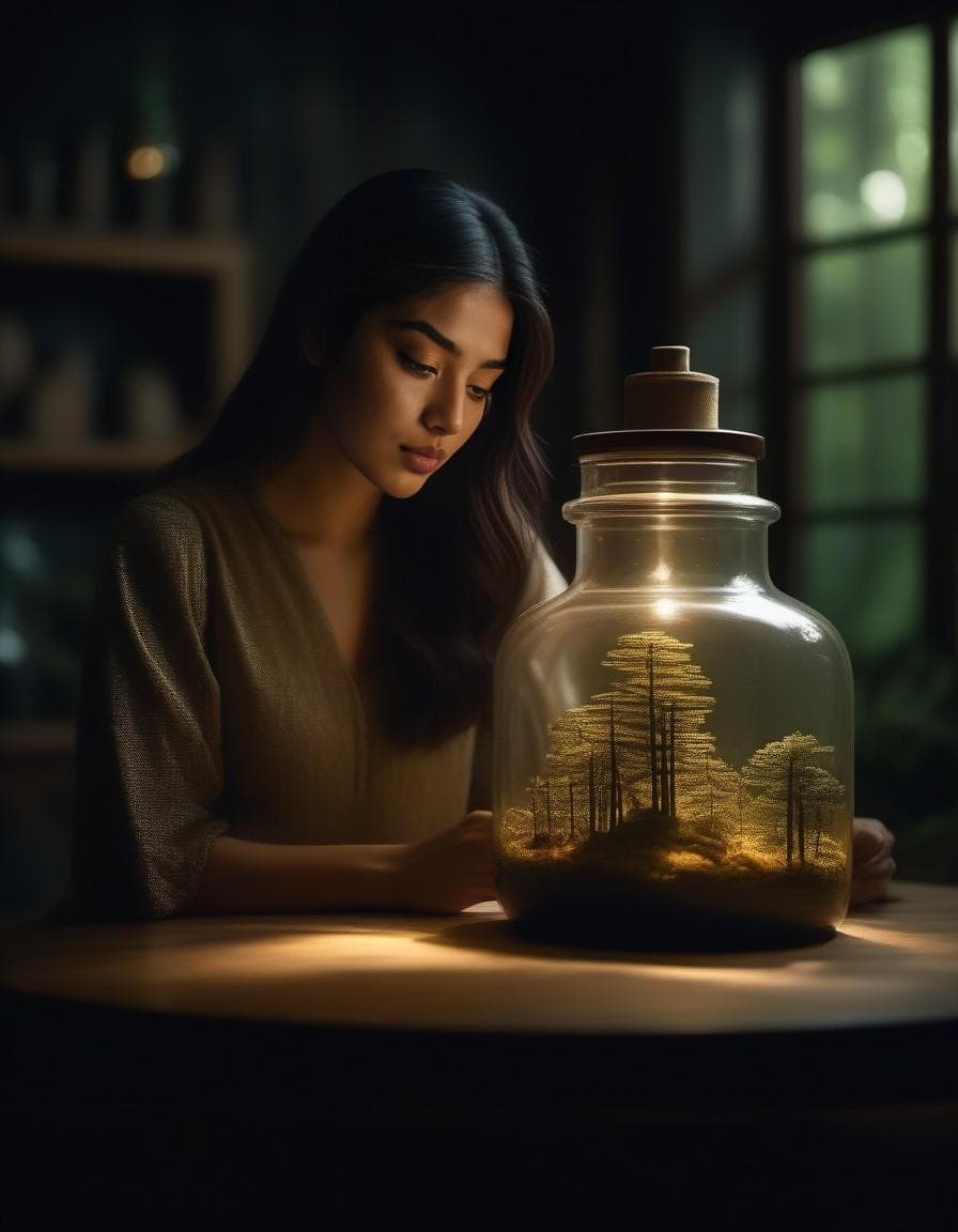 AI generated: An intricate forest minitown landscape trapped in a bottle, atmospheric oliva lighting, on the table...