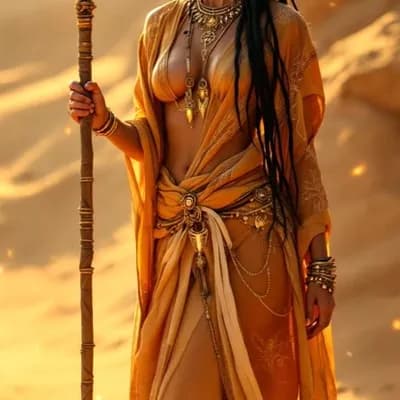 AI generated video: the woman raises the stick with both hands and bows her head in prayer. her lips move in a chant. th...