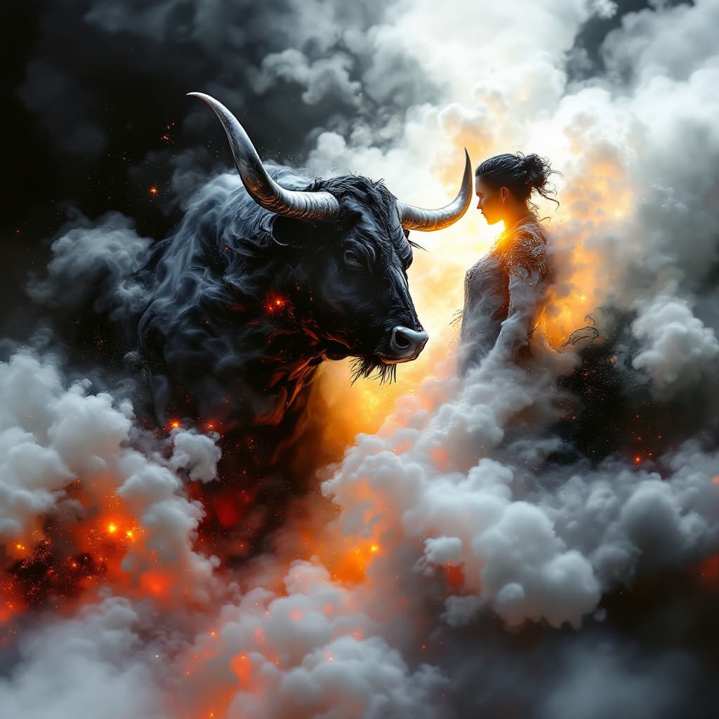 AI generated: "The outline of a bull and a matador is formed from liquid plumes swirling in milky water. Soft diff...