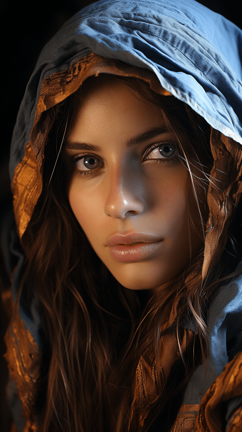 AI generated: a photo of a woman with blue eyes looking at herself, in the style of light indigo and dark amber, r...
